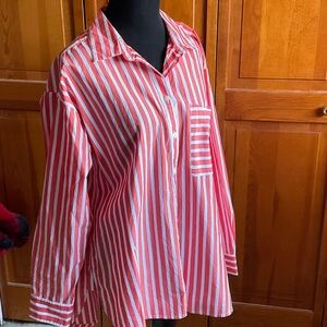 LOFT Coral and White Striped Button Down Shirt